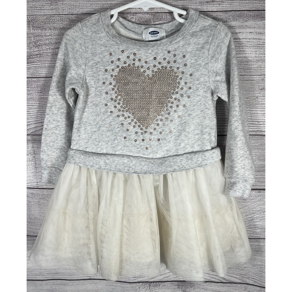 Old Navy Girls 2T Dress Tutu Sequin Long Sleeve Gray Gold Hearts
